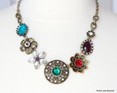 Vintage Flower Statement Necklace Rhinestone Bib Multi Color Floral Necklace Blue Green Red Purple