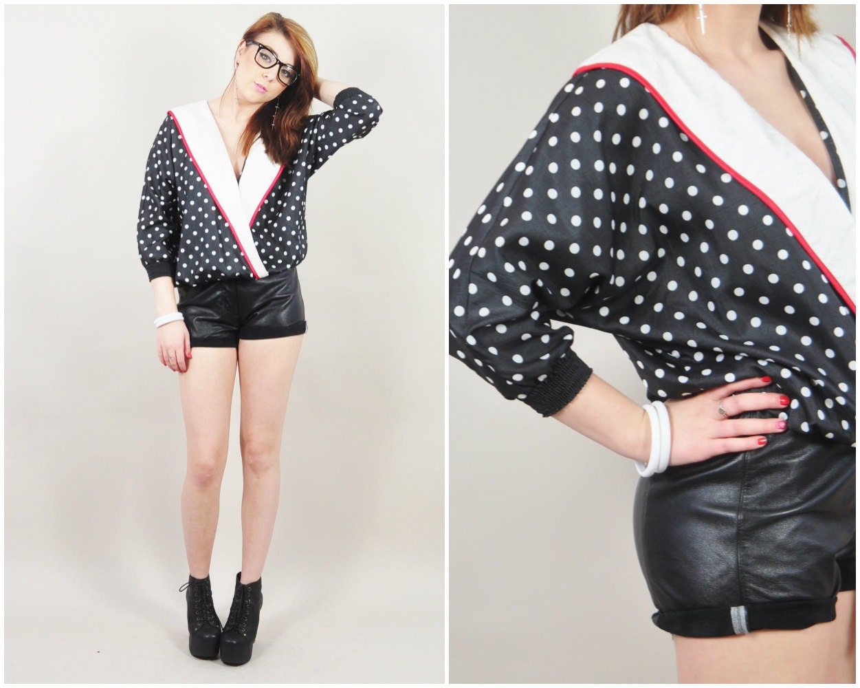 vintage 80s black & white polka dot red trim BATWING oversized collar slouchy fit plunging bust blouse