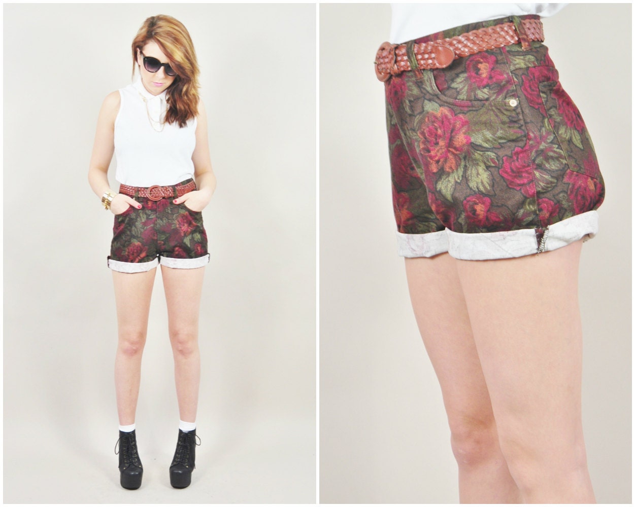 vintage 90s HALSTON burgundy & olive FLORAL print high waist grunge festival shorts