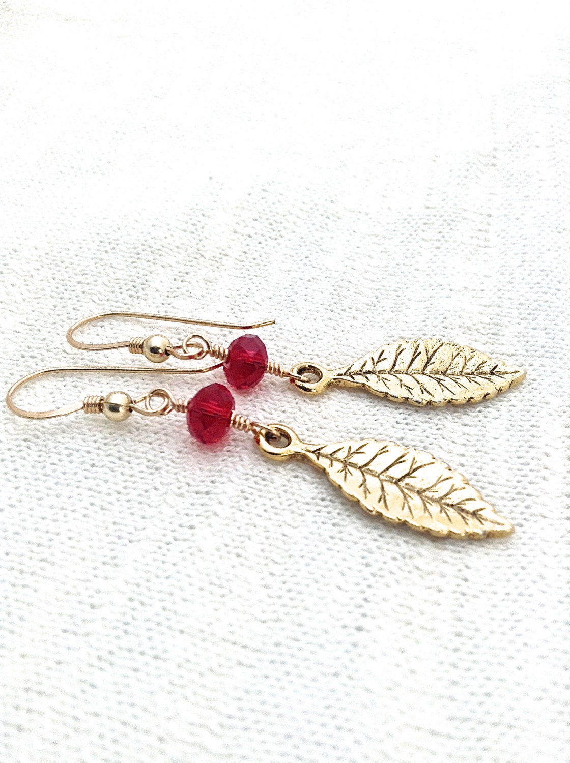 Gold Leaf Earrings, Nature Earring, Gold Leaves Earrings, Red and Gold Earrings, Zen Earrings, Gold Feather Earring, Botanical Earrings
