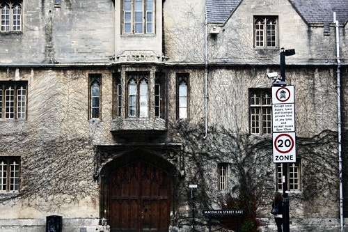 Architecture Photography 8x10 Fine Art Print - Oxford Photography, Gray College Building, Dark Brown Door Photograph, Eerie Conceptual Art