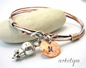 Personalized bracelet bangle of sterling silver and copper with pomegranate.. Custom bracelet.. Hand stamped.. Best Gift.