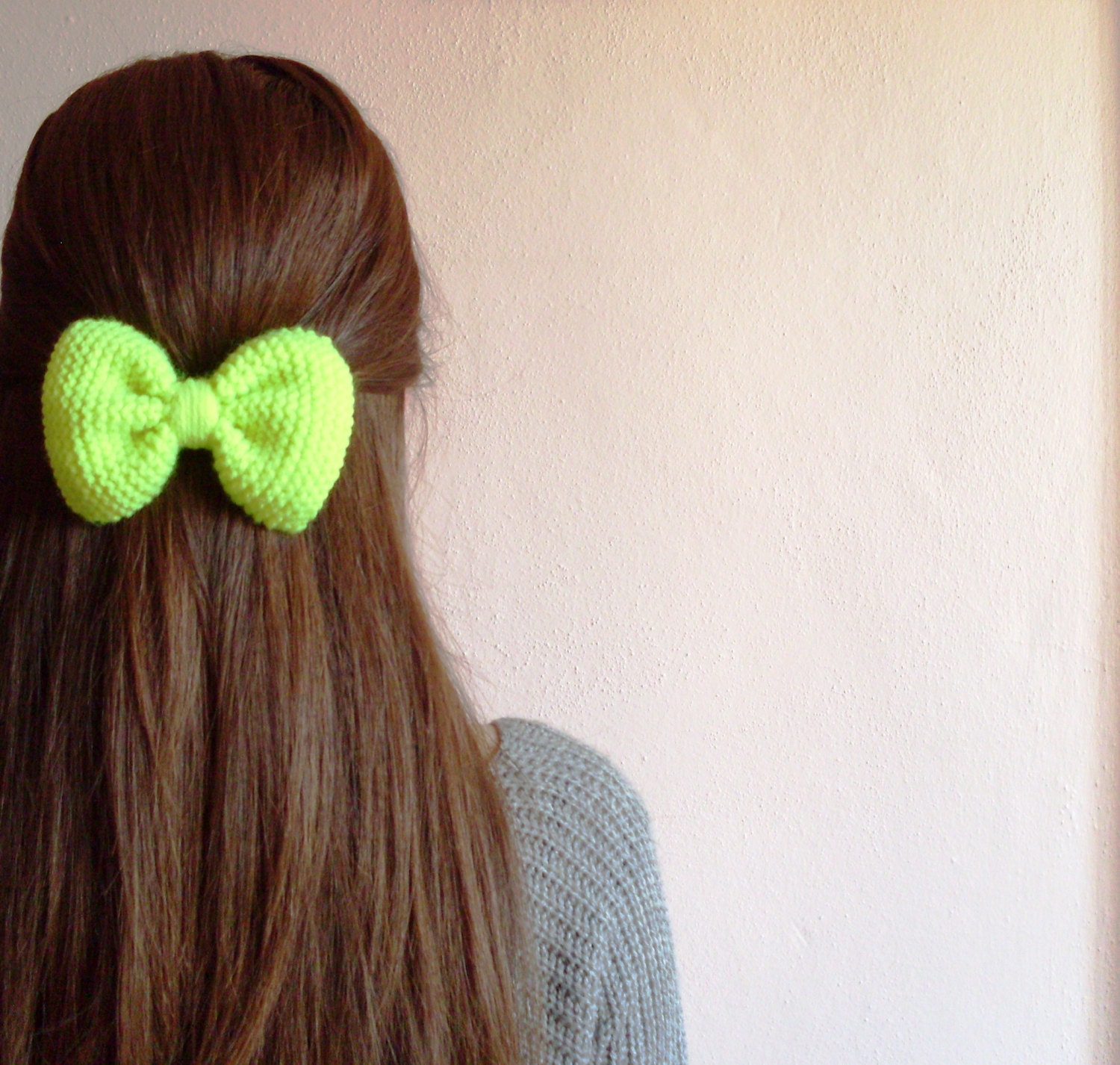 Hand Knit Bow Hair Clip in Neon Green