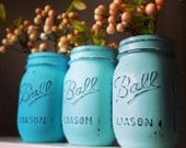 Painted distressed mason jars ombre turquoise blue vase vintage centerpiece wedding decor ball kerr rustic wedding Pantone