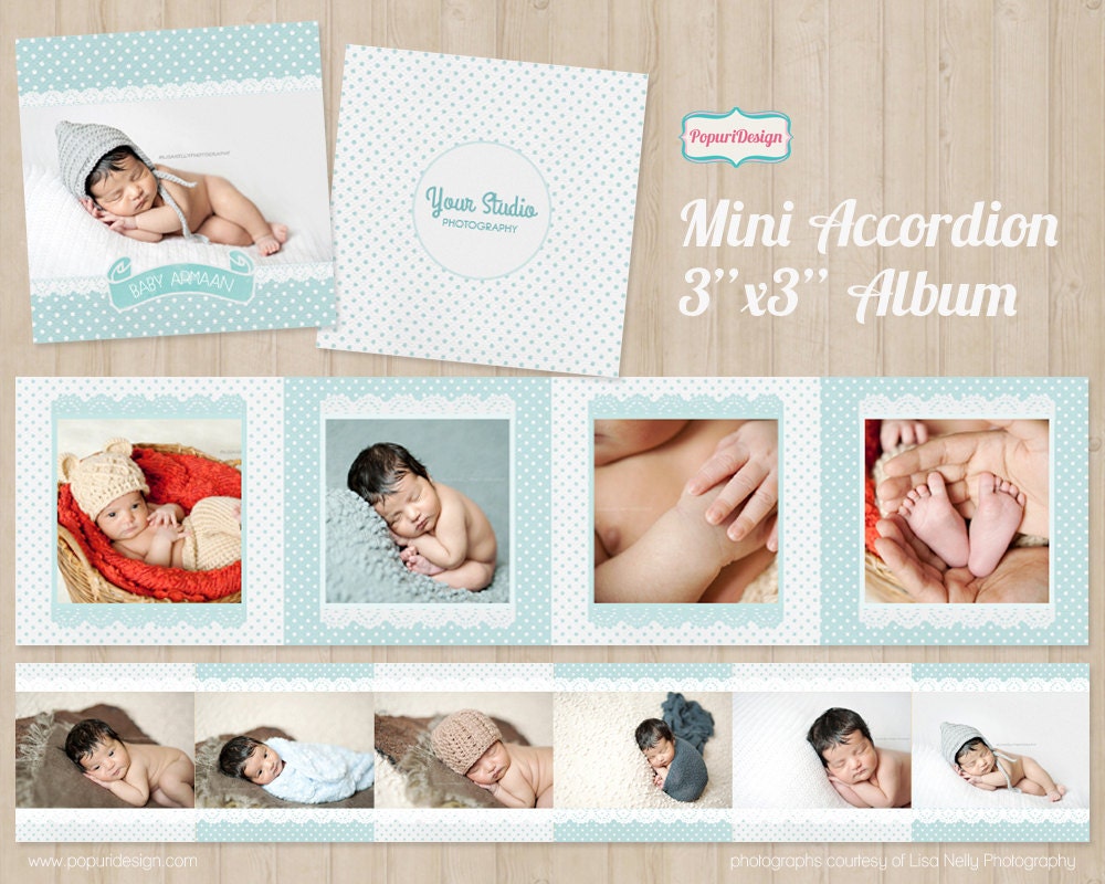 3x3 Mini Accordion Album Template - White and Blue Polkadot - PT076