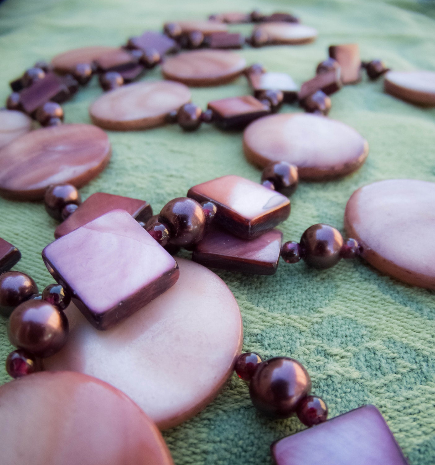 Rare Colors: Long purple necklace with shell, glass and garnet