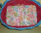 Aqua Blue and Pink Basket made from woven newspaper