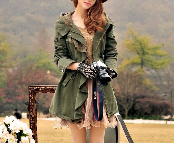 Flounce leisure army green Cotton Long Jacket Hood Coat Cape Coat Hoodie Jacket Spring Jacket lace long Windbreaker  S,M,L,XL