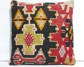 Handknotted Turkish Kilim Pillow hand made with handspun wool yarn, woven by country women 16 x 16 " Modern Bohemian Organic Cottage