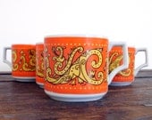 Six Mid Century Coffee Mugs / Set of 6 / Orange Retro Print / Japanese