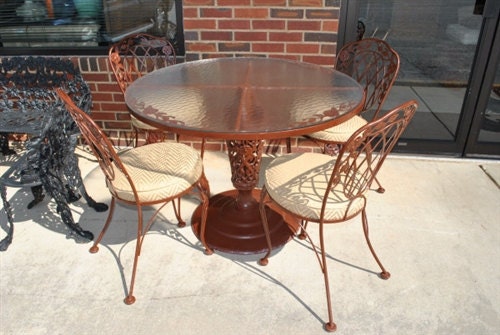 Vintage Iron Dining Set Table & Chairs with Flower Design and Glass Top