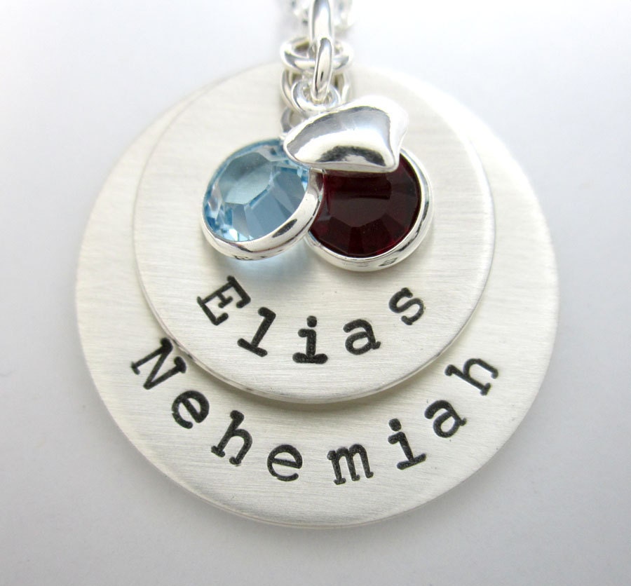 Personalized Mothers Necklace - Handstamped Mom Name Necklace with Swarovski Birthstones - Sterling Silver 2 Layer Pendant