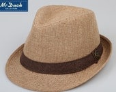 Men linen flax fabric black brown gray khaki stripes style fedora hat L-XL