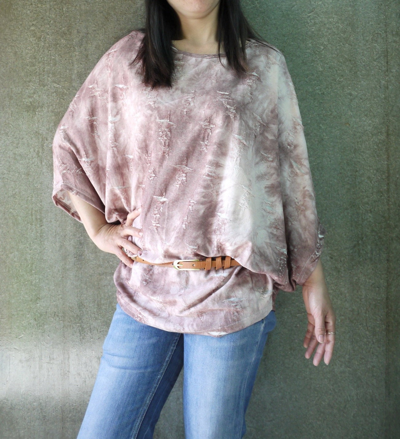 Oversized Top - Brown Stretch Cotton Mix Polyester Batwing Sleeve Pullover Loose Blouse T-Shirt Top - B003