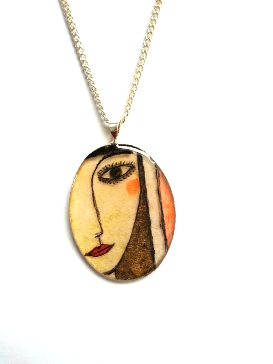 Woman pendant. Handmade necklace with chain. image sealed with glossy resin