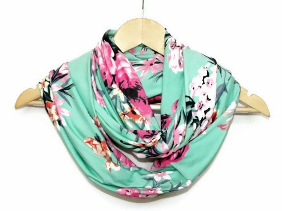 Thin Lightweight Jersey Knit Fabric infinity Scarf with Flowers, Mint Green, infinity Scaft Soft Circle Scarf, Women Accessories