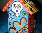 Day of the Dead BIRDHOUSE INDOOR OUTDOOR folk outsider art skulls wood birdfeeder etsy original painting unique weird stuff etsy.com oddish
