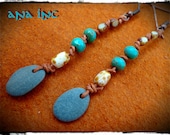 NATURAL LEATHER beach pebble EARRINGS, indian, boho hippie, dangle, turquoise, rustic, aztec, ethnic, unique, primitive, tribal, earthy