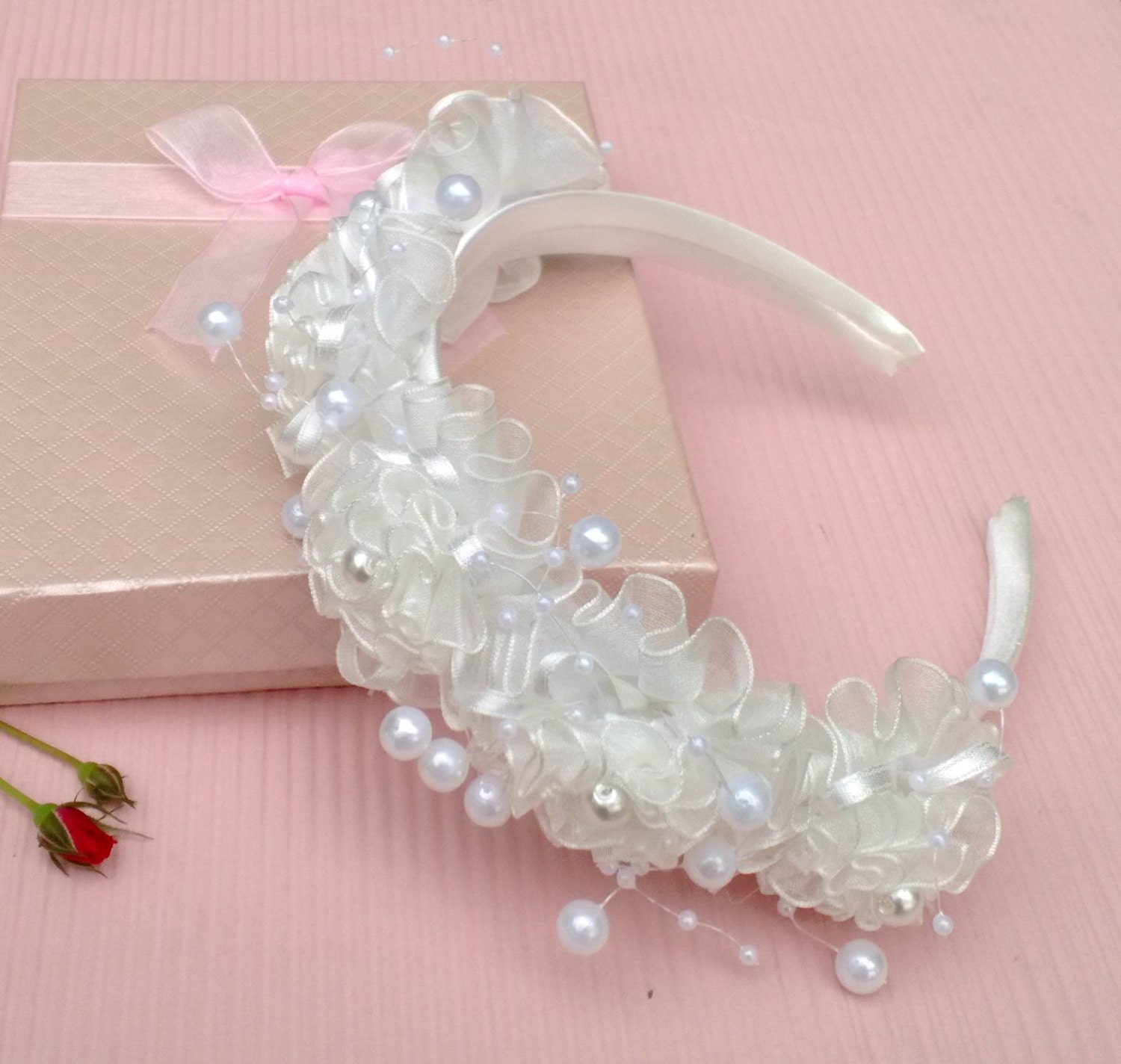 White Flower Girl Headband, Handmade Lace Flowers & Pearls Hair Accessories, Flower Girl-Wedding-Bridemaid-First Communion-Special Days