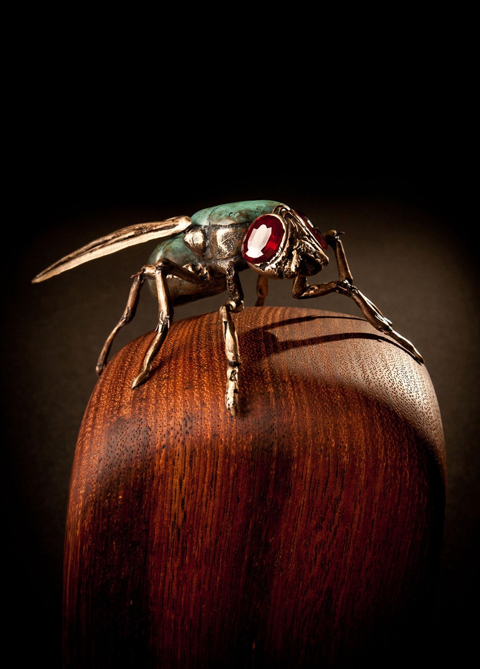 Bronze greenbottle fly with custom cut corrundum eyes