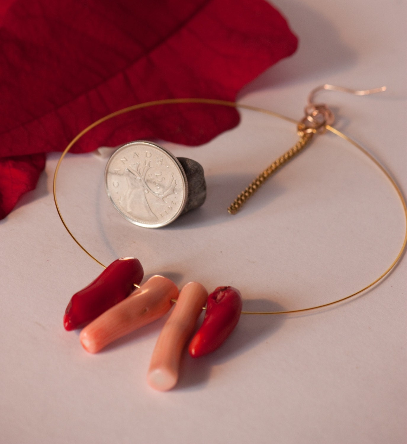 Handmade Large Gold Plated Pink and Red Branch Coral Hoop Earrings - Boho Chic