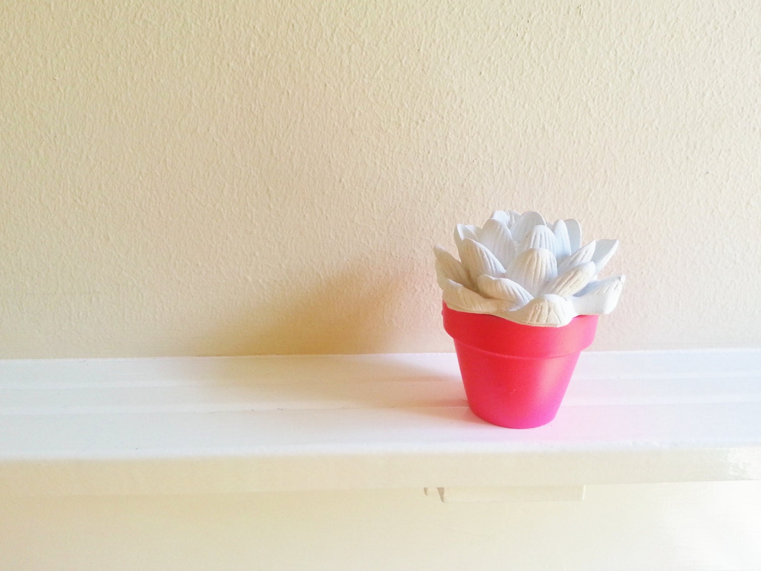 White Plant Sculpture in Modern Neon container, Minimalist Indoor Garden, Desk accessory