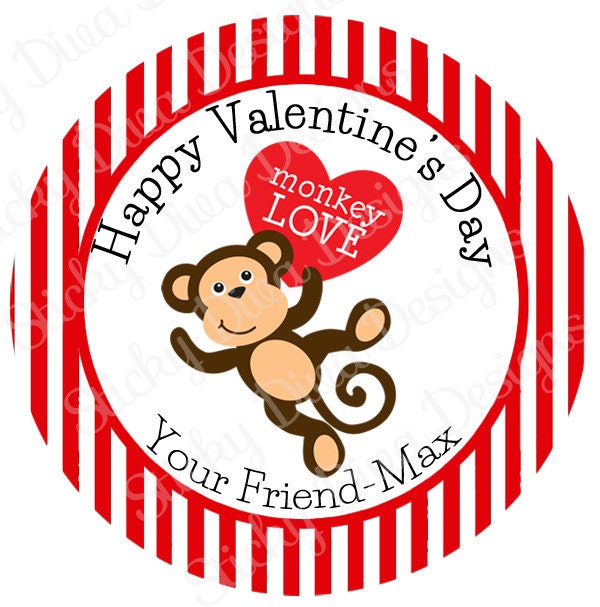 PERSONALIZED VALENTINE STICKERS - Monkey Cutie  - Round Gloss Sticker Labels