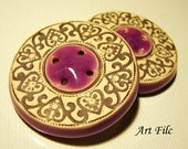 2 Art Ceramic Buttons Unique One of a Kind with Ornaments Original Decoration Eyecatching Violet Brown Beige Decor Fashion Eco Clay Supplies