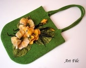 Felt Handbag Shoulder Bag Felted Flowers Hadmade Wool Accessory Wet Felting Gift for Her for Mom Summer Fashion Green Yellow Orange Beige