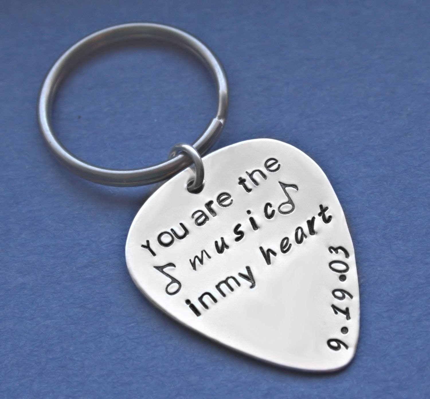 Music In My Heart Personalized Key Chain Guitar Pick Hand Stamped Sterling Silver Anniversary Birthday Gift for Him or Her
