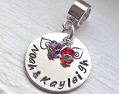 Mother's Jewelry Hand Stamped Charm for European Bead Bracelets Sterling Silver Swarovski Crystal TWO Birthstones