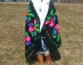 mexican handmade hippie FOLK ART wool XXL shawl  rebozo Vintage Style woven floral hand embroidered bohemian ethnic gypsy  flower wrap shawl