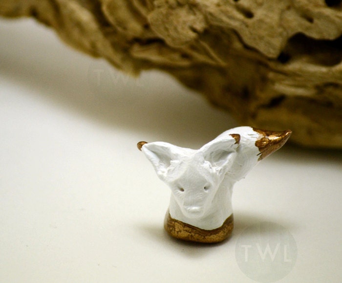 White Fox Mini Totem sculpture with Gold tips -White and GoldTipped Hand Painted polymer clay mixed media sculpture
