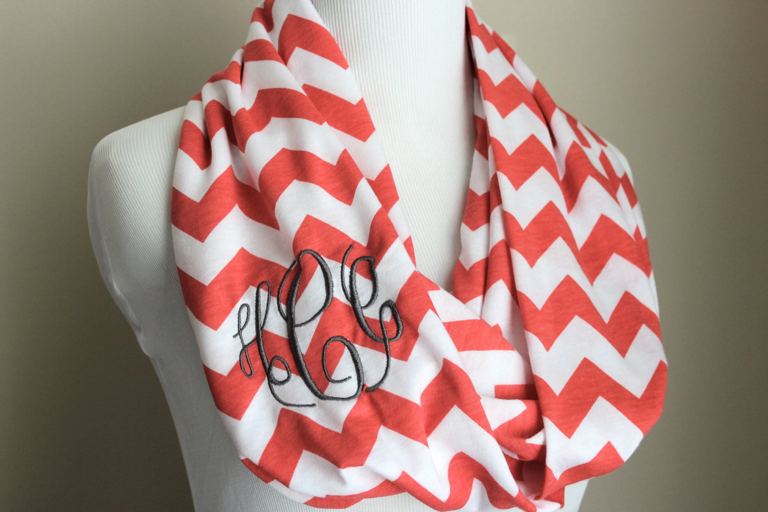 Monogrammed Chevron Infnity Scarf - Coral Chevron - Bridesmaid Gift