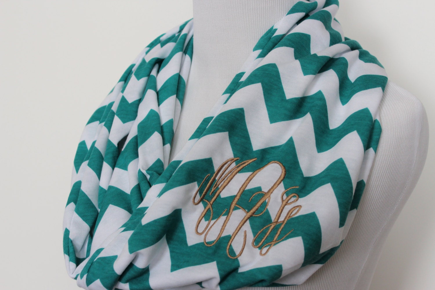 Monogrammed Chevron Infinity Scarf in Soft Jersey Cotton - Teal Chevron - Bridesmaid, Graduation Gift