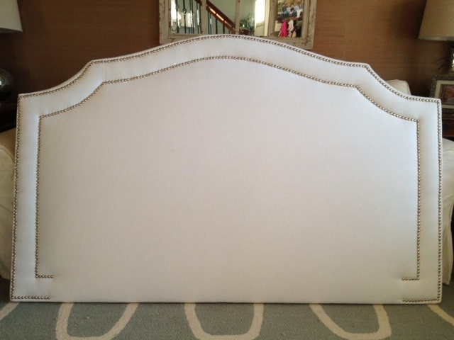 Queen Notched  Upholstered Headboard, WHITE Linen, Silver Nickel Nailhead