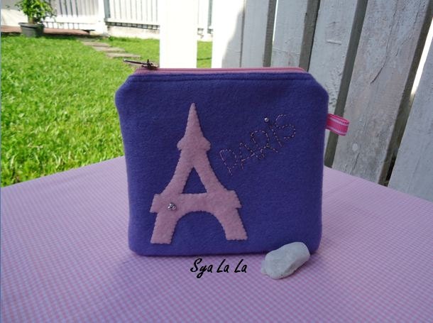 Handmade Felt Pouch, Paris France Eiffel Tower Purse, Coin Case in Purple Color with Pink Zipper, Woman Makeup Bag, Girl Pencil Bag