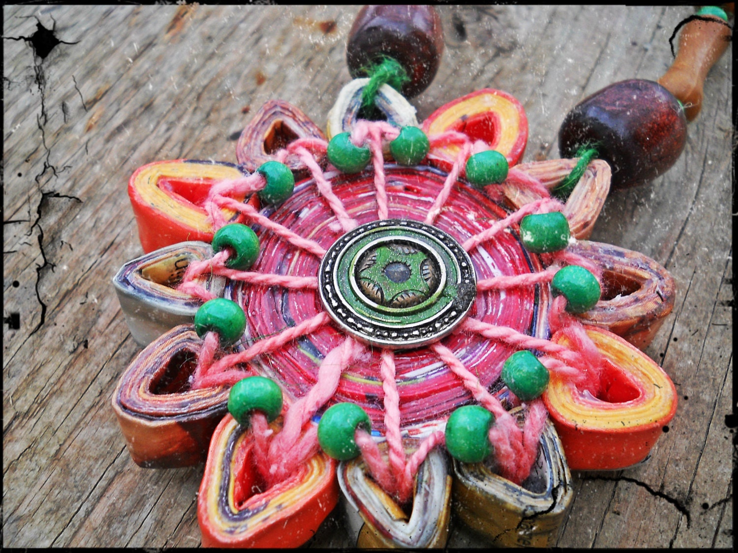 Upcycled recycled repurposed paper necklace, Bohemian jewelry, Eco friendly jewelry, Pink sunburst necklace