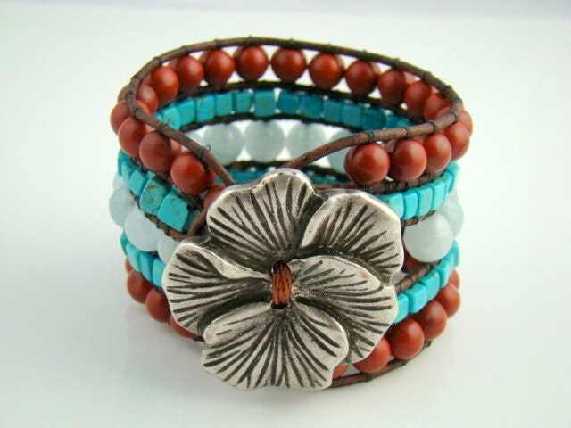 Beaded Statement Leather Cuff Bracelet, Boho Style Beadwork Wrap, Aqua Jade, Turquoise, Red Jasper, Silver Tone Flower Button