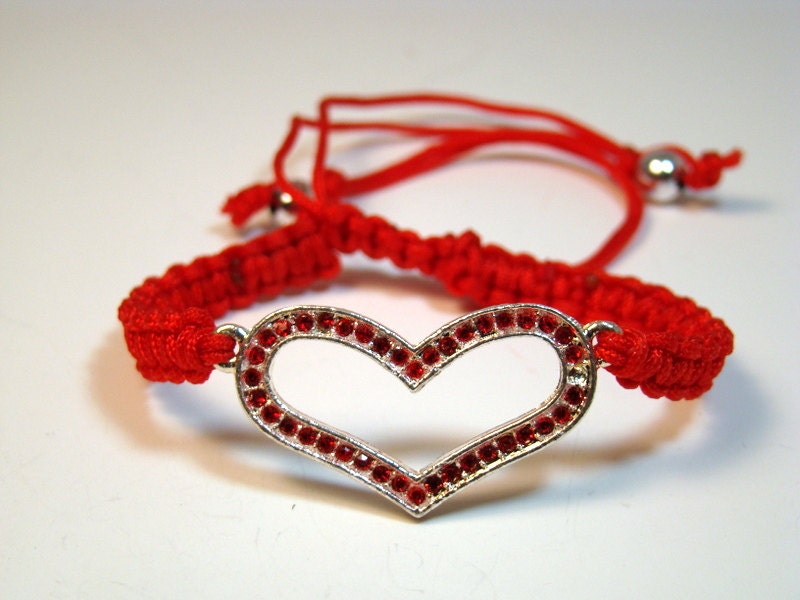 Trendy Red Dazzling Crystal Rhinestone Heart Red Cord  Macrame Adjustable Bracelet, Charm Bracelet, Jewelry for Her