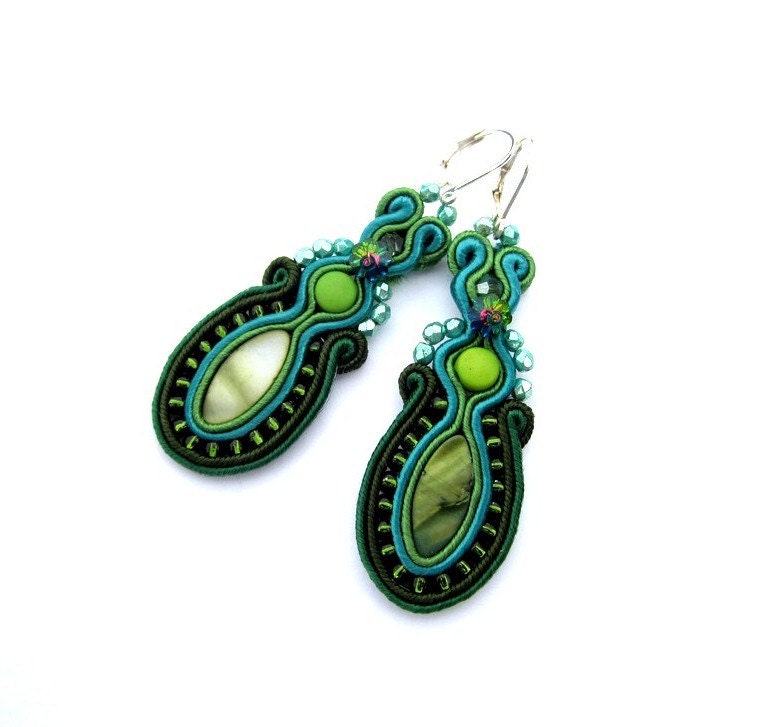 Green Soutache Earrings with Czech Beads  Soutache Braid Glamour and Shiny Style Gift Shell Toho  Handmade Jewelry