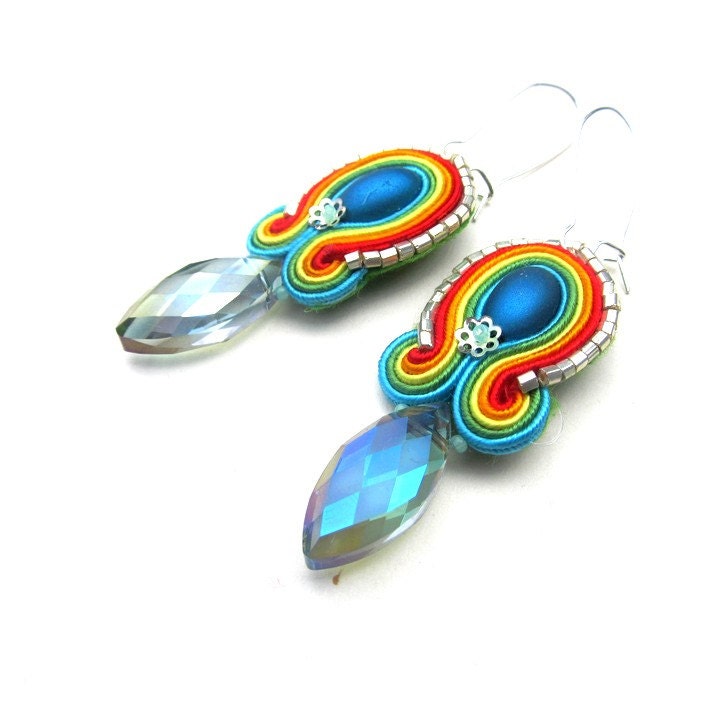 Rainbow Soutache Earrings with Beads Soutache Braid Glamour and Shiny Style Gift Toho Handmade Jewelry Colorful