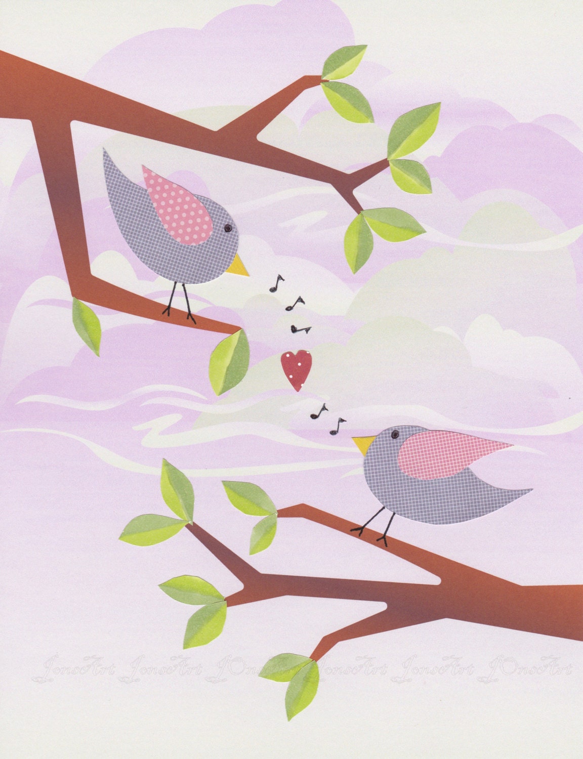 Wall Art Print, Modern Art, Kids Room, Home Decor, Digital Art, Collage Art, Violet Birds in Trees, Green, 8 x 10 Print.