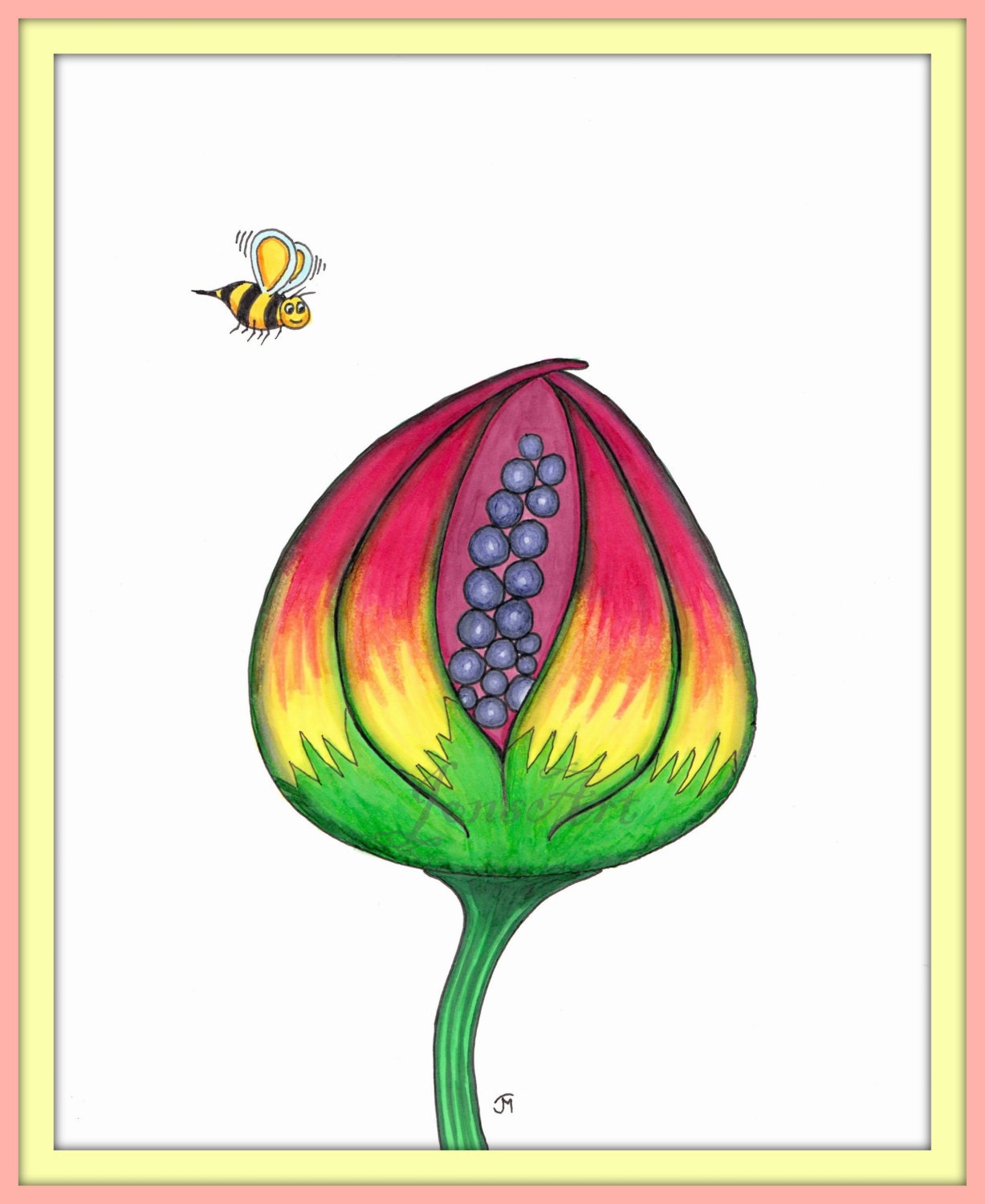 Flower Wall Art, Copic Marker, Modern Art, Digital, Children, Bedroom, Home Decor, Kitchen, Red, Green, Yellow, Flower and Bee- 8 x 10 Print