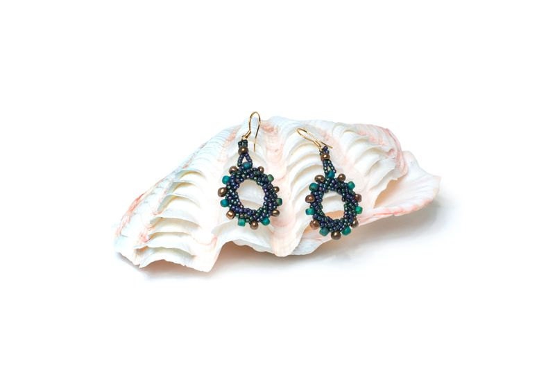 Beaded Round Earrings - Galvanaized green, blue, and bronze - St. Petersburg Stitch