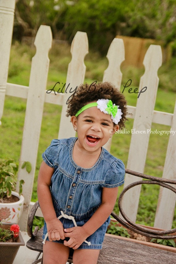 15% OFF UR ORDER-Fancy Lime Green with White Polka Dots Bow Headband-Preemie-Baby Girl Headbands-Infant-Shabby Flower Headband-Child-Toddler