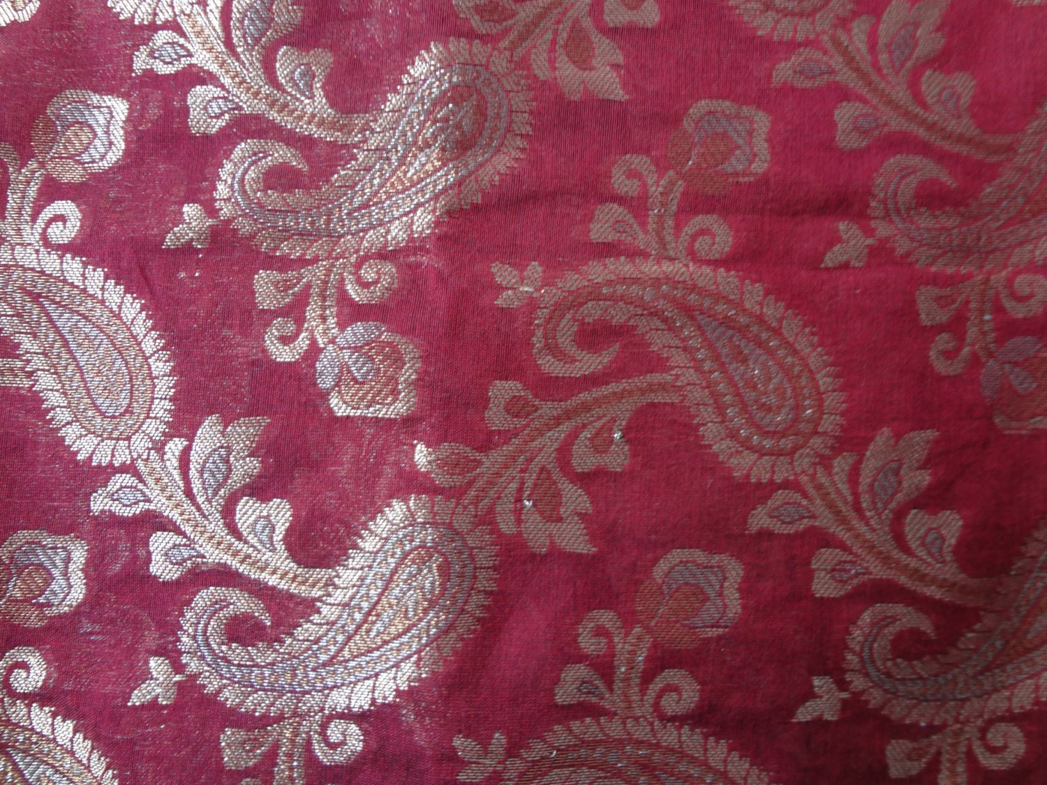maroon with golden paisleys chanderi cotton silk  fabric  fat quarter india