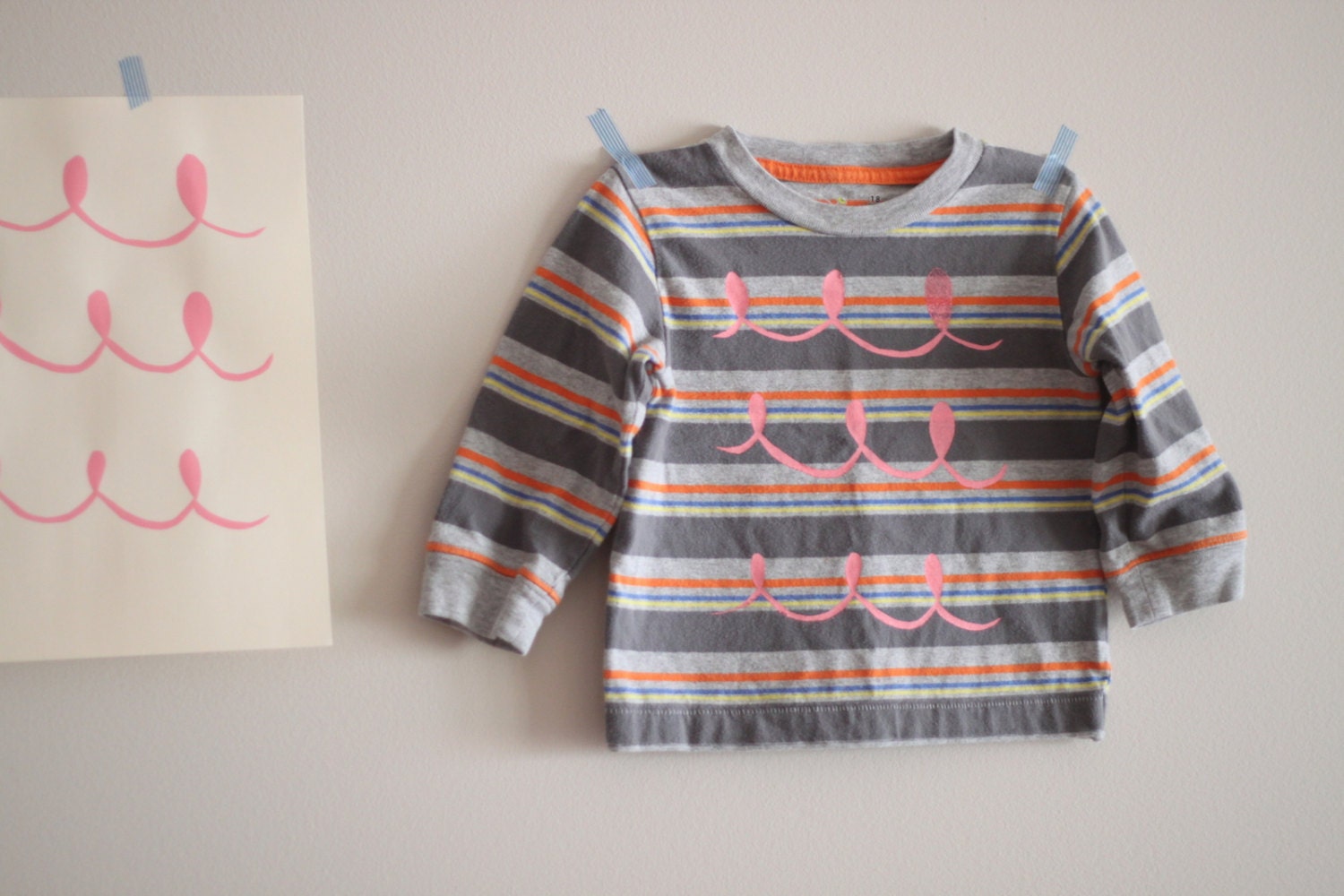 18M Upcycled Shirt Scallop Scribble Handmade Original Screen Print  Pink Wave Print on a Striped Recycled T-shirt