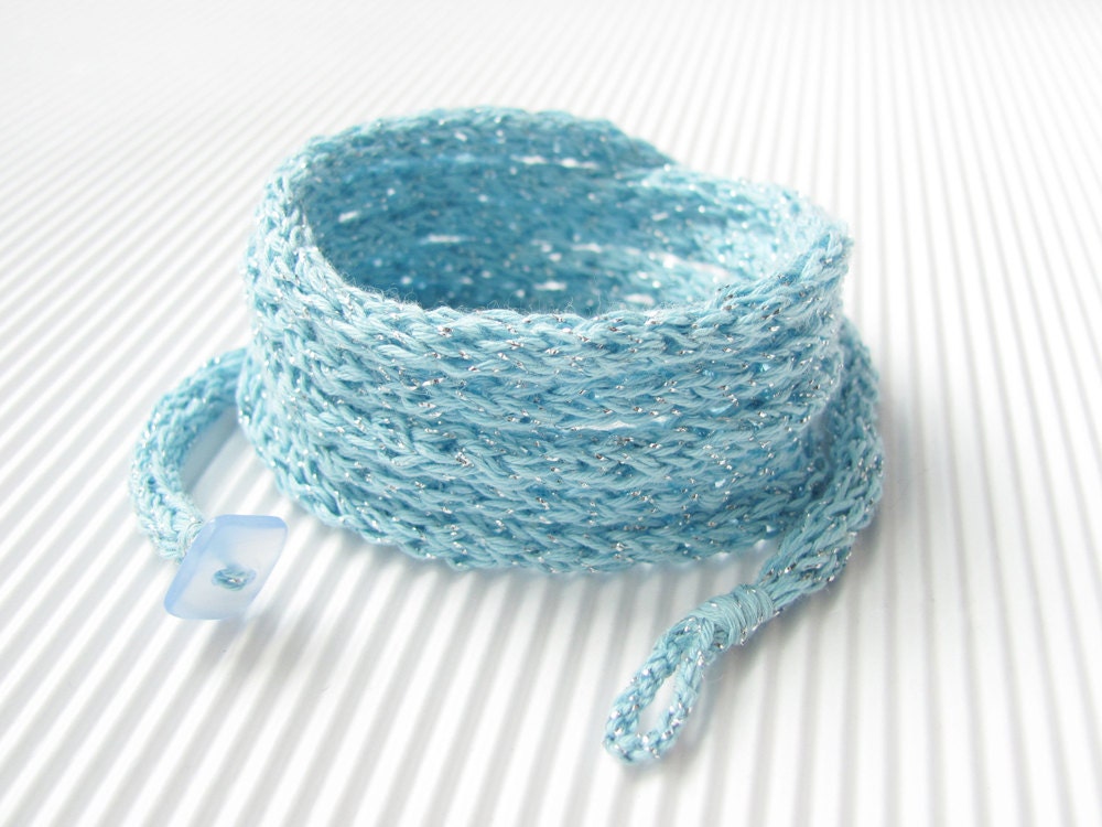 SALE 20% Light Blue Thread Wrapped Yarn Bracelet, Sky Fiber Wrap Bangle Bracelet, Knit Bracelet, Eco Friendly Rope Bracelet