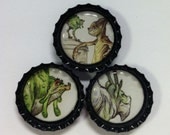 Set of 3 Magnets - Funky Alien Dino Creatures Fantasy Art Black Bottle Caps (M56) Upcycled Images